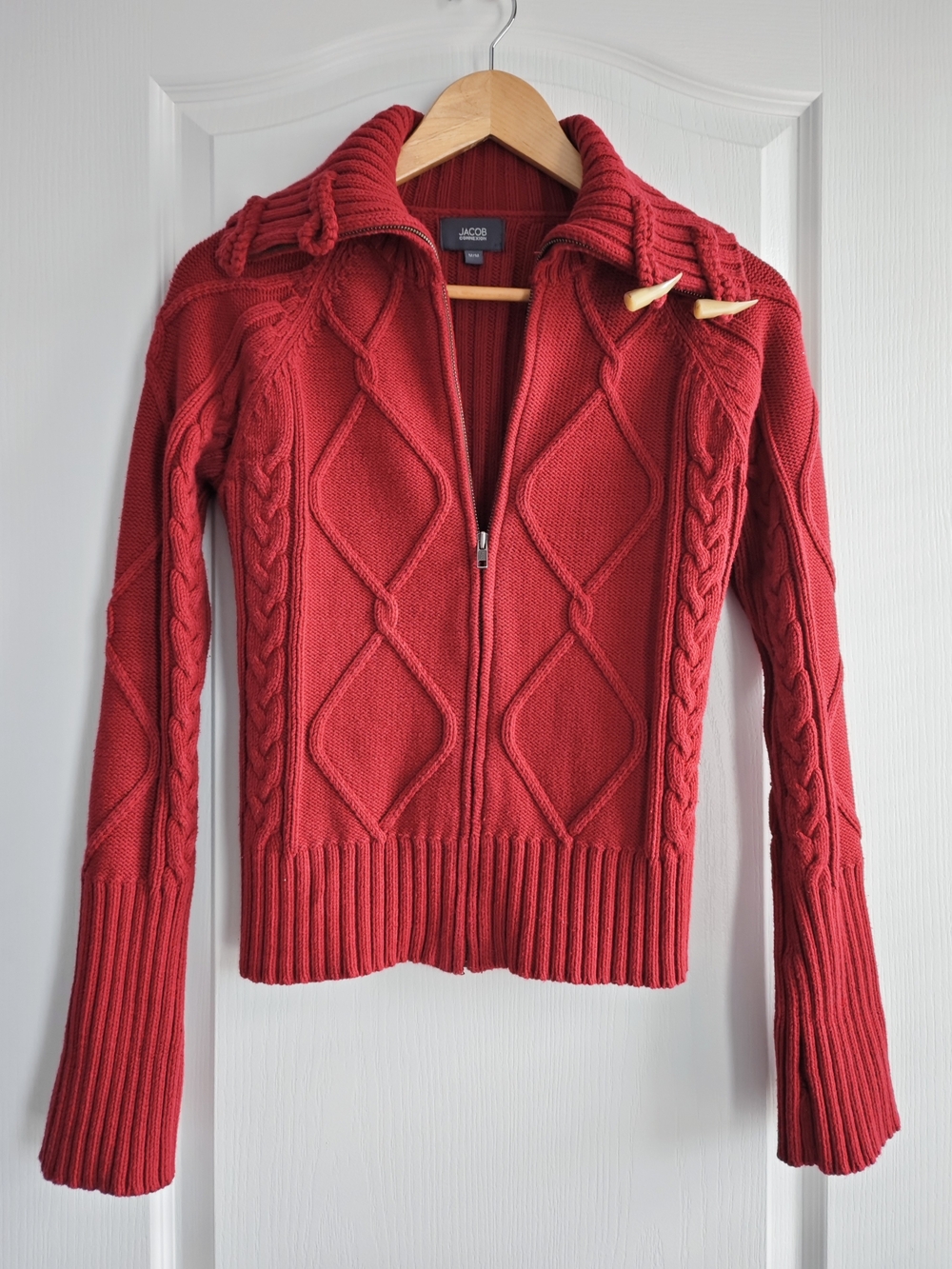 Y2K, Vintage JACOB Red Cable-Knit Zip-Front Women's Sweater